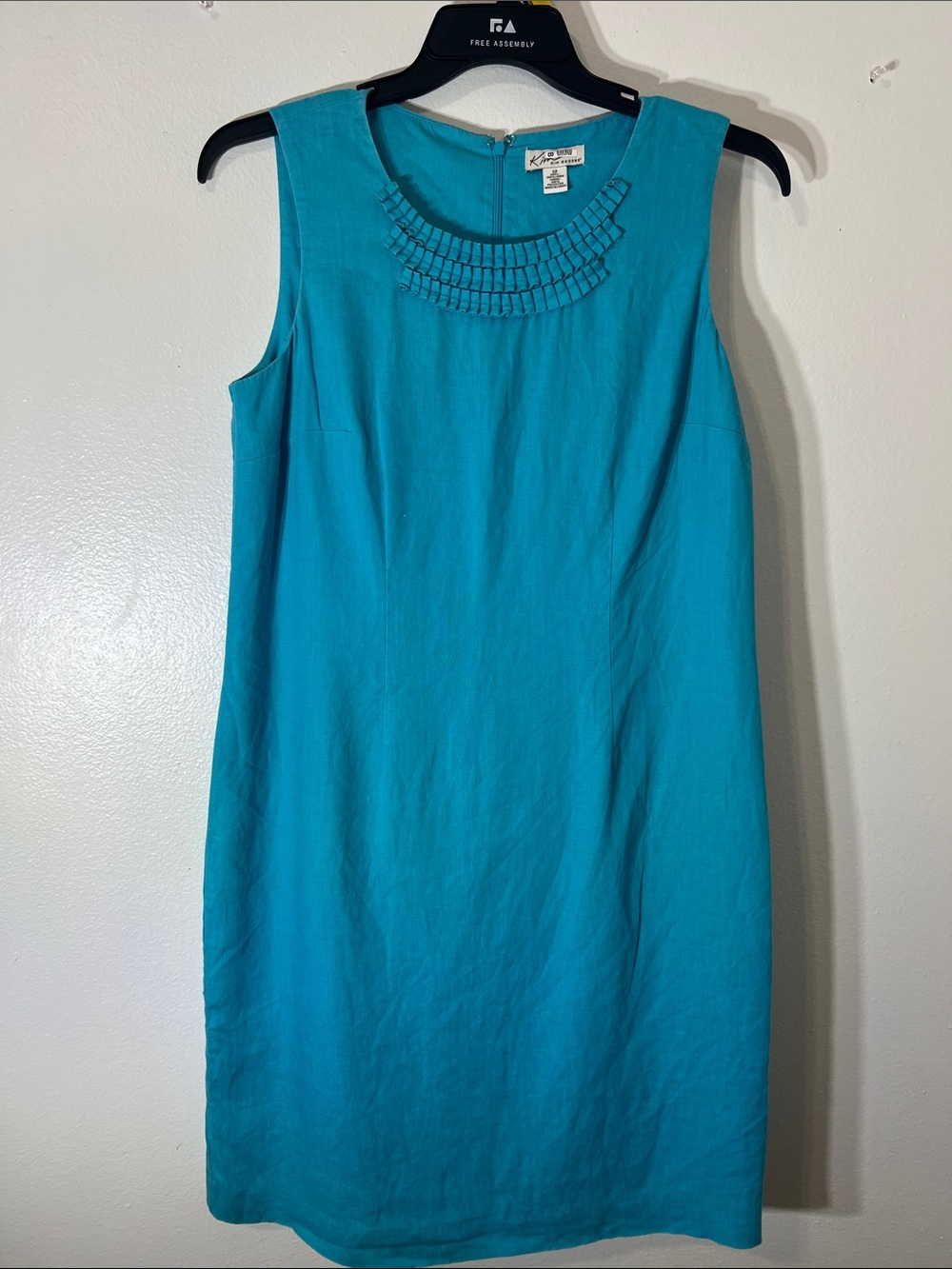 Kim Rogers Turquoise Sleeveless Beaded Neck Mini Dress 100% Linen